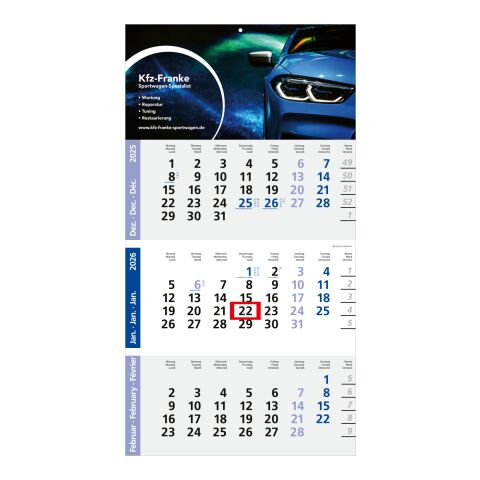 3-Monatskalender Logic 3 Post Bestseller (Einblatt) Hellgrau-rot | 4C-Quality Digital