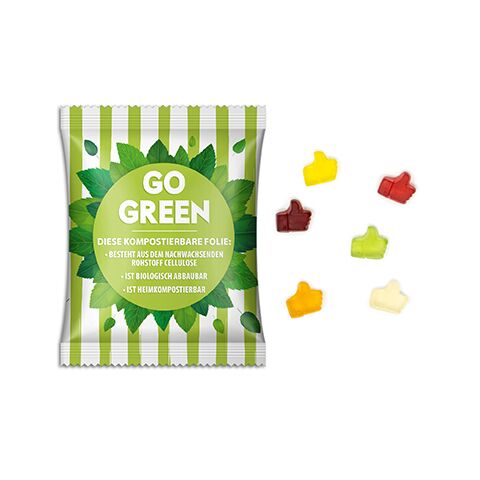 Fruchtgummi Standardformen transparent | 15 g | ohne Werbeanbringung | kompostierbare Folie | Daumen hoch