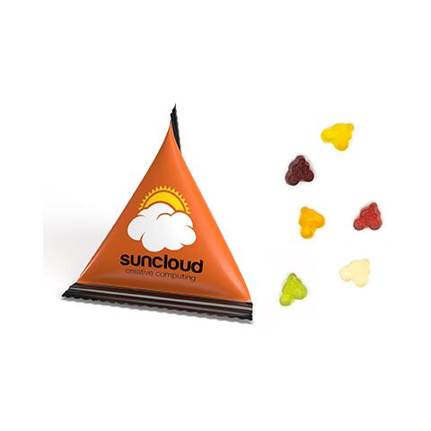 Werbeartikel Mini Tetraeder Fruchtgummi – transparent – mit Logo bedruckt