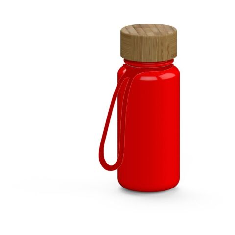 Werbeartikel Tritan Trinkflasche 400 ml Natural Bambusdeckel Silikon-Strap auslaufsicher kohlensäuregeeignet BPA-frei – rot – mit Logo bedruckt