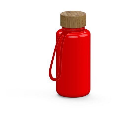 Werbeartikel Trinkflasche Natural 700ml Tritan™ in Glas-Optik leicht & bruchfest für Kohlensäure Bambusdeckel, inkl. Strap – rot – mit Logo bedruckt