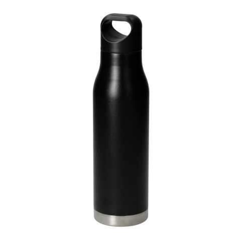 Werbeartikel Orlando 480 ml Vakuum-Isolierflasche Edelstahl kohlensäuregeeignet & auslaufsicher mit Tragegriff-Deckel – schwarz – mit Logo bedruckt