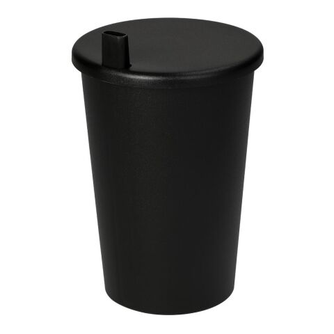 Werbeartikel Splash 370 ml Trinkbecher Made in Germany aus 100% PP inkl. Trinkhalm & Schale für Teebeutel – schwarz – mit Logo bedruckt