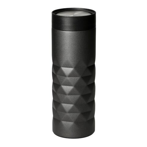 Werbeartikel 440 ml Thermobecher Diamond 360, doppelwandiger Edelstahl mit 360°-Push-Deckel & Diamant-Prägung – weiss/schwarz – mit Logo bedruckt