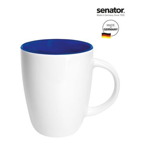 Werbeartikel senator® Elite 250 ml Kaffeebecher aus Steinzeug hochglänzend mit farbiger Innenglasur – weiss-marineblau – mit Logo bedruckt
