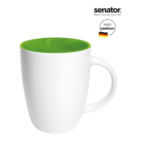 Werbeartikel senator® Elite 250 ml Kaffeebecher aus Steinzeug hochglänzend mit farbiger Innenglasur – weiss-hellgrün – mit Logo bedruckt