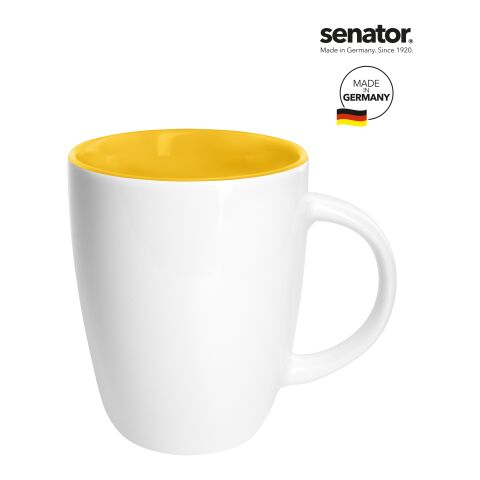 Werbeartikel senator® Elite 250 ml Kaffeebecher aus Steinzeug hochglänzend mit farbiger Innenglasur – weiss-gelb – mit Logo bedruckt