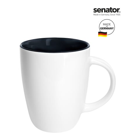 Werbeartikel senator® Elite 250 ml Kaffeebecher aus Steinzeug hochglänzend mit farbiger Innenglasur – weiss-schwarz – mit Logo bedruckt