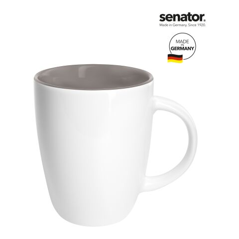 Werbeartikel senator® Elite 250 ml Kaffeebecher aus Steinzeug hochglänzend mit farbiger Innenglasur – weiss-grau – mit Logo bedruckt