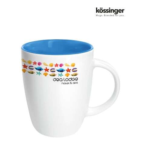Werbeartikel 250 ml Kössinger Elektra Inside Tasse aus Steinzeug mit farbiger Innenglasur & konischem Design – weiss-blau – mit Logo bedruckt