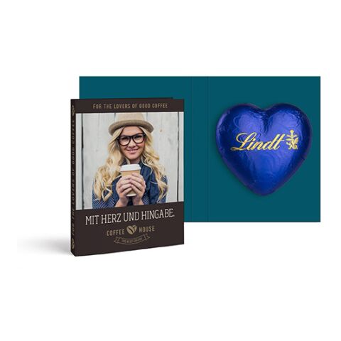 Werbeartikel Werbekarte mit Lindt Schokoladen Herz 20 g – blau – mit Logo bedruckt