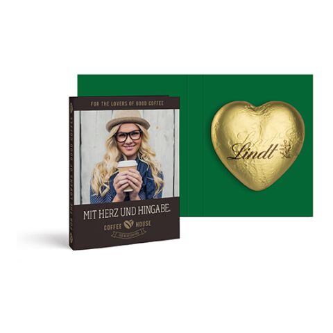 Werbeartikel Werbekarte mit Lindt Schokoladen Herz 20 g – gold – mit Logo bedruckt