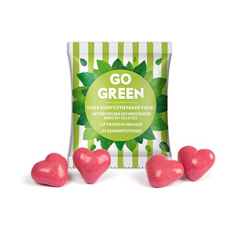 Erdbeer-Dinkel-Herzen im Werbetütchen transparent | ohne Werbeanbringung | kompostierbare Folie | kompostierbar