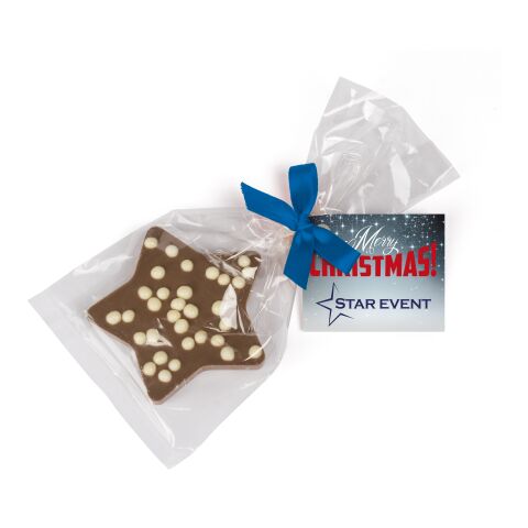 Werbeartikel Schoko Weihnachtsstern – blau – mit Logo bedruckt