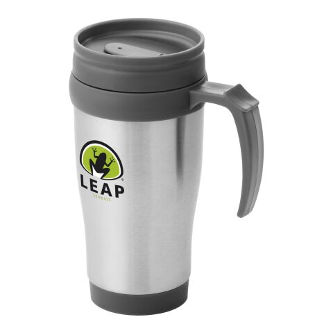 Werbeartikel Sanibel 400 ml Thermobecher doppelwandig mit Edelstahl-Aussenwand & praktischer Daumenöffnung – silber-grau – mit Logo bedruckt