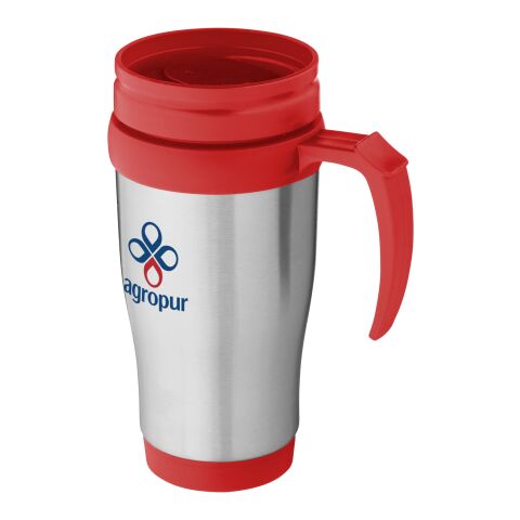 Werbeartikel Sanibel 400 ml Thermobecher doppelwandig mit Edelstahl-Aussenwand & praktischer Daumenöffnung – silber-rot – mit Logo bedruckt