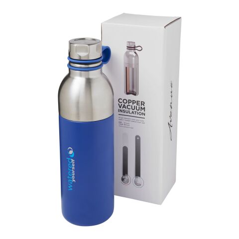Werbeartikel 590 ml Kupfer-Vakuum Sportflasche Edelstahl 12h heiss & 48h kalt, 2 Öffnungen zur Reinigung – blau – mit Logo bedruckt
