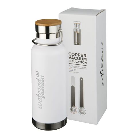 Werbeartikel Thor 480 ml Kupfer-Vakuum Isolierflasche 12h heiss/48h kalt mit Holz-Detail & Pulverung – weiss – mit Logo bedruckt