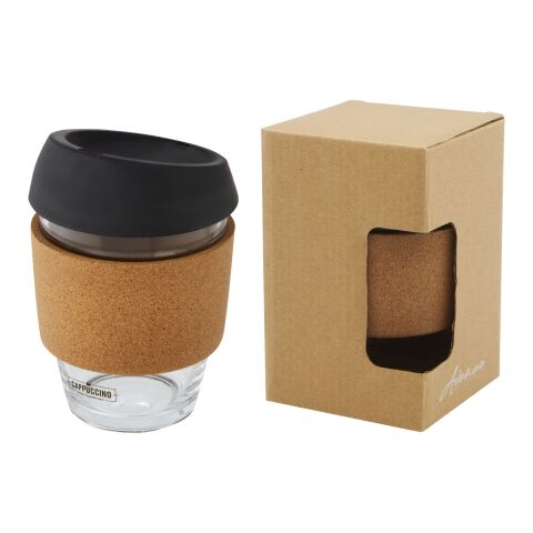 Werbeartikel Lidan 360 ml Borosilikatglas-Becher mit Korkgriff & Silikondeckel passend für Kaffeemaschinen – schwarz – mit Logo bedruckt