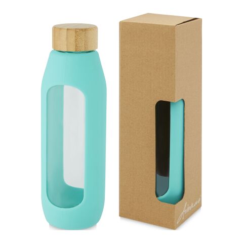Werbeartikel Tidan 600 ml Borosilikatglas Flasche LFGB-geprüft mit Silikongriff & Bambusdeckel – tide grün – mit Logo bedruckt