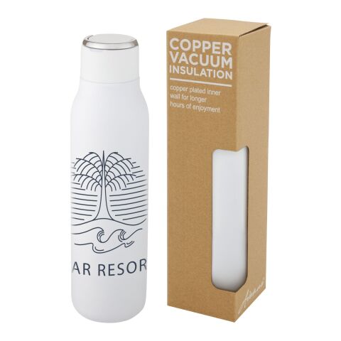 Werbeartikel Marka 600 ml Isolierflasche aus 18/8 Edelstahl mit Kupfer-Vakuum & Metallschlaufe LFGB-geprüft – absolutes weiss – mit Logo bedruckt