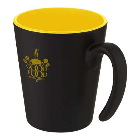 Werbeartikel Oli 360 ml Kaffeebecher aus Keramik matte Optik glänzende Innenseite spülmaschinenfest inkl. Box – gelb-schwarz – mit Logo bedruckt
