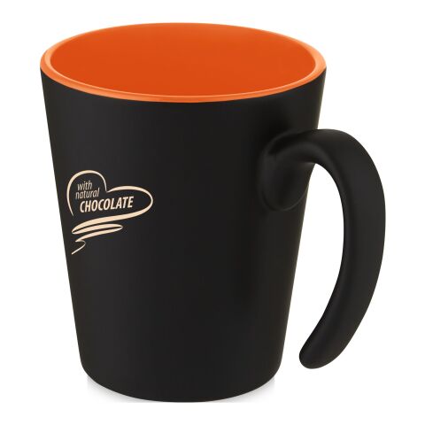 Werbeartikel Oli 360 ml Kaffeebecher aus Keramik matte Optik glänzende Innenseite spülmaschinenfest inkl. Box – orange-schwarz – mit Logo bedruckt