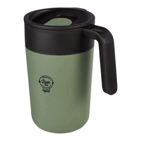 Werbeartikel Nordia 400 ml Thermobecher Edelstahl & Recycling-Kunststoff auslaufsicher mit Griff & Schiebedeckel – heather grün – mit Logo bedruckt