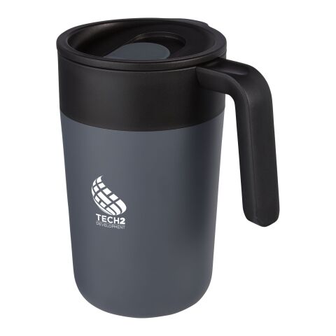 Werbeartikel Nordia 400 ml Thermobecher Edelstahl & Recycling-Kunststoff auslaufsicher mit Griff & Schiebedeckel – grau – mit Logo bedruckt