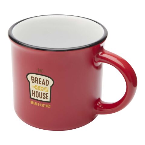 Werbeartikel 240 ml Keramik Kaffeebecher im Vintage-Design mit Henkel spülmaschinenfest inkl. Box – rot – mit Logo bedruckt