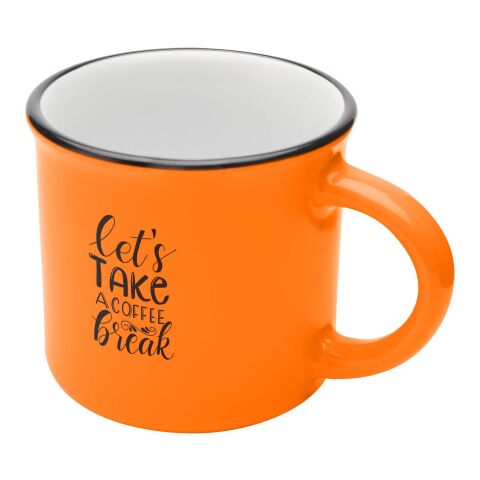Werbeartikel 240 ml Keramik Kaffeebecher im Vintage-Design mit Henkel spülmaschinenfest inkl. Box – orange – mit Logo bedruckt