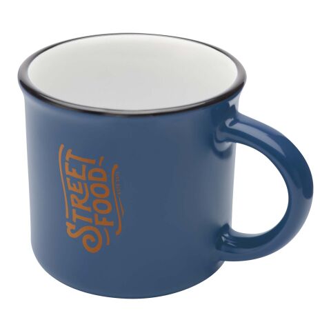 Werbeartikel 240 ml Keramik Kaffeebecher im Vintage-Design mit Henkel spülmaschinenfest inkl. Box – Ozeanblau – mit Logo bedruckt