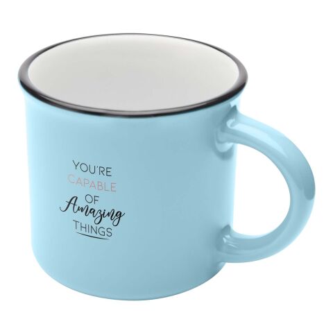 Werbeartikel 240 ml Keramik Kaffeebecher im Vintage-Design mit Henkel spülmaschinenfest inkl. Box – riffblau – mit Logo bedruckt