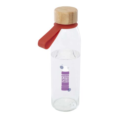 Nachhaltiger Werbeartikel Porto 500 ml Glasflasche mit Silikon-Trageriemen & nachhaltigem Bambusdeckel – Brick – mit Logo bedruckt