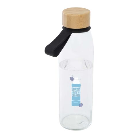 48h Express-Druck Nachhaltiger Werbeartikel Porto 500 ml Glas-Flasche mit Silikongriff und Bambusdeckel – schwarz – mit Logo bedruckt