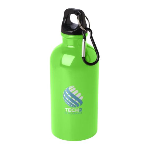 Nachhaltiger Werbeartikel Oregon 400 ml RCS-zertifizierte, einwandige Trinkflasche aus Edelstahl mit Karabinerhaken – apfelgrün – mit Logo bedruckt