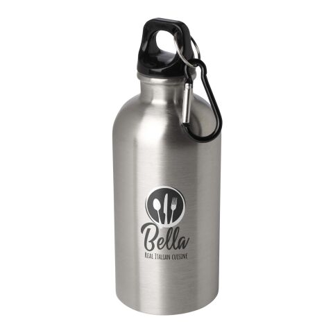 Nachhaltiger Werbeartikel Oregon 400 ml RCS-zertifizierte, einwandige Trinkflasche aus Edelstahl mit Karabinerhaken – Silber – mit Logo bedruckt