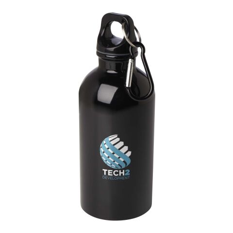 Nachhaltiger Werbeartikel Oregon 400 ml RCS-zertifizierte, einwandige Trinkflasche aus Edelstahl mit Karabinerhaken – Schwarz – mit Logo bedruckt