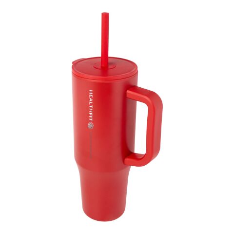 Werbeartikel Brady 900 ml XL-Thermobecher To-Go aus RCS-Edelstahl mit Silikon-Trinkhalm & spritzwassergeschützt – rot – mit Logo bedruckt