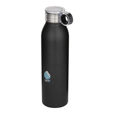 Nachhaltiger Werbeartikel Trinkflasche Grom 650 ml recycelter Edelstahl RCS einwandig Schraubdeckel auslaufsicher Trageriemen – schwarz – mit Logo