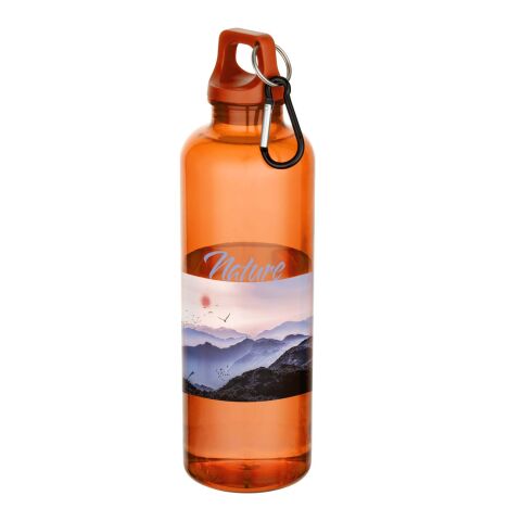 48h Express-Druck Nachhaltiger Werbeartikel Oregon 750 ml RCS-zertifizierte Trinkflasche aus recyceltem Kunststoff mit Karabinerhaken – orange – mit