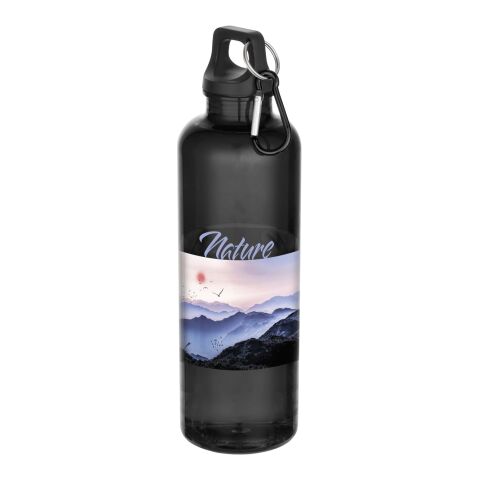 Nachhaltiger Werbeartikel Oregon 750 ml RCS-zertifizierte Trinkflasche aus recyceltem Kunststoff mit Karabinerhaken – schwarz – mit Logo bedruckt