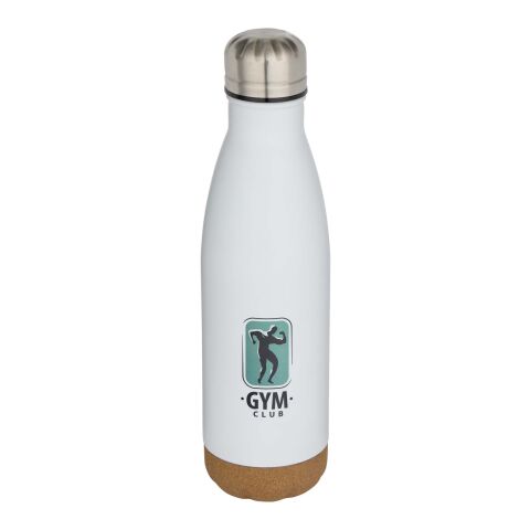 Werbeartikel Cove 500 ml doppelwandige, vakuumisolierte Trinkflasche aus Edelstahl mit Korkdetails – absolutes weiss – mit Logo bedruckt
