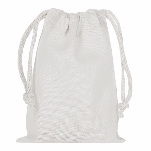 Werbeartikel TEXXILLA Zuziehbeutel aus Baumwolle, 10 x 14 cm, ca. 140 g/m² – weiss – mit Logo bedruckt