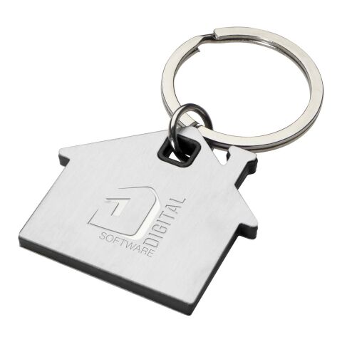Werbeartikel Schlüsselanhänger Nook Haus-Form Edelstahl inkl. Einkaufswagenchip ideal für Immobilien & Bau Lasergravur – schwarz – mit Logo bedruckt