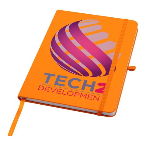 Nachhaltiger Werbeartikel Teak A5 Hardcover Notizbuch, liniert, aus recyceltem Material – orange – mit Logo bedruckt