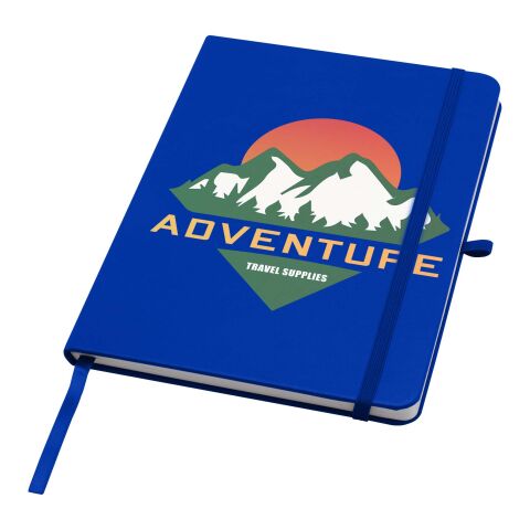 Nachhaltiger Werbeartikel Teak A5 Hardcover Notizbuch, liniert, aus recyceltem Material – royalblau – mit Logo bedruckt