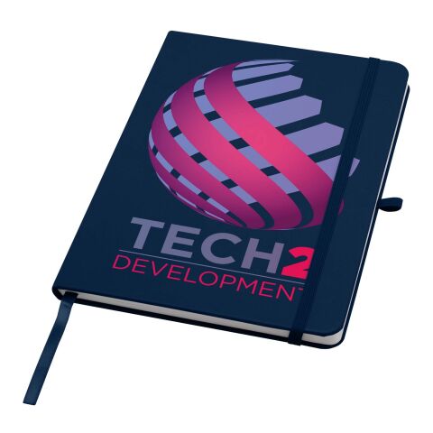 Nachhaltiger Werbeartikel Teak A5 Hardcover Notizbuch, liniert, aus recyceltem Material – navy – mit Logo bedruckt
