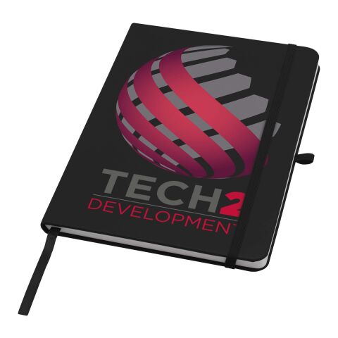 Nachhaltiger Werbeartikel Teak A5 Hardcover Notizbuch, liniert, aus recyceltem Material – schwarz – mit Logo bedruckt
