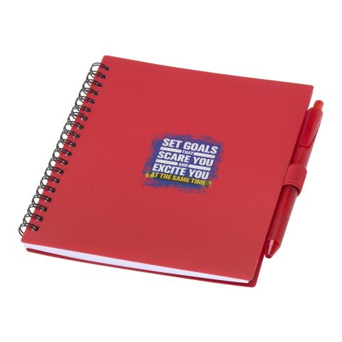 Nachhaltiger Werbeartikel Niove Softcover Notizbuch aus recyceltem Kunststoff mit Kugelschreiber (blaue Mine) – rot – mit Logo bedruckt